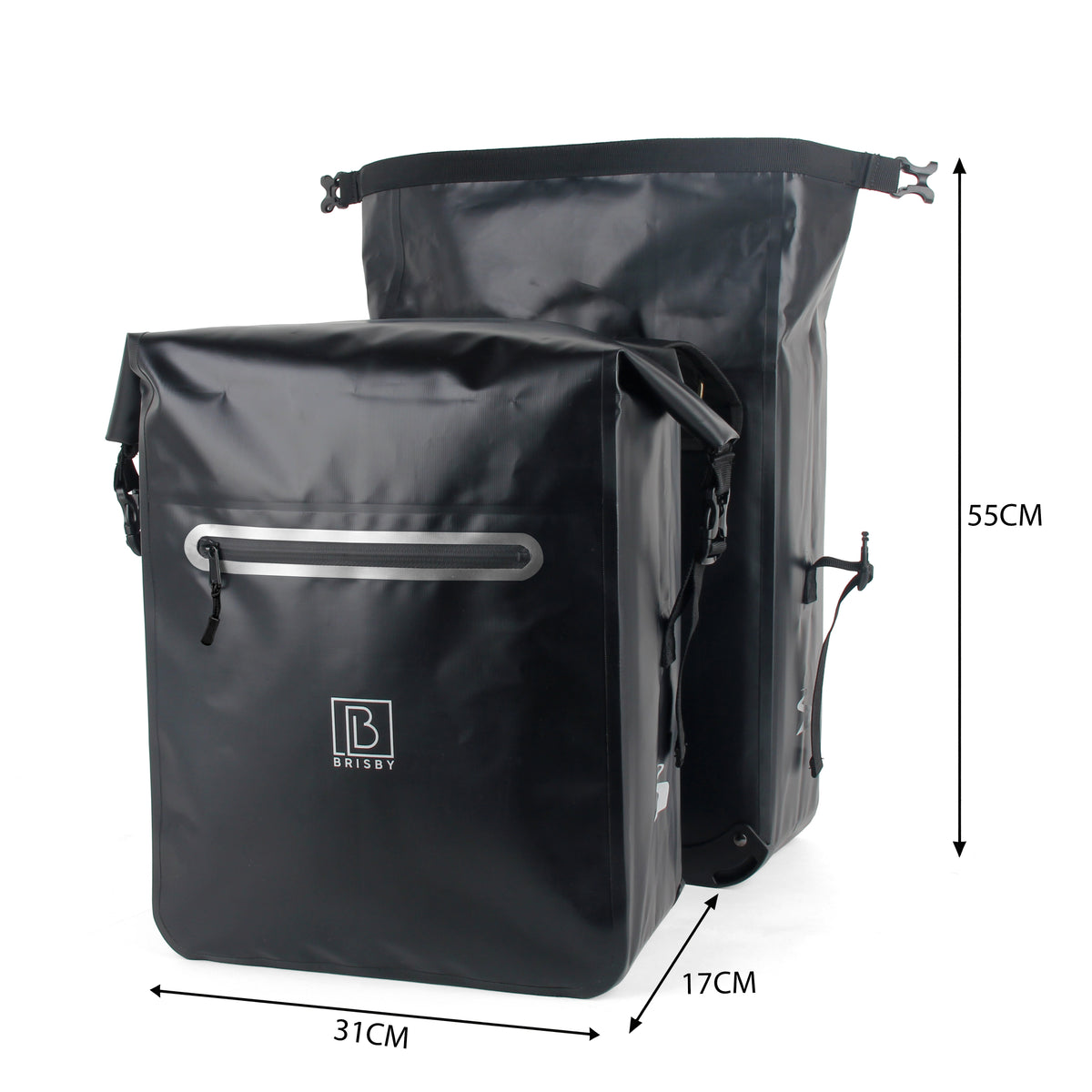 Brisby Dubbele Fietstas 40–56 Liter – Waterdicht – Met Rolsluiting en Waterdichte Voorvakritsen – Voor Gewone en Elektrische Fiets – Zwart
