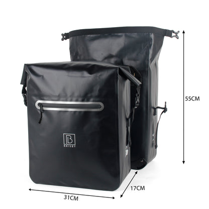 Brisby Dubbele Fietstas 40–56 Liter – Waterdicht – Met Rolsluiting en Waterdichte Voorvakritsen – Voor Gewone en Elektrische Fiets – Zwart
