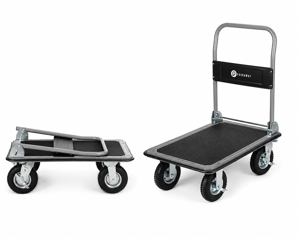 Packaway Professionele Opvouwbare Transportwagen 350 kg – Transportkar met Rubberen Luchtbanden – Rem – Antislip Laadplateau