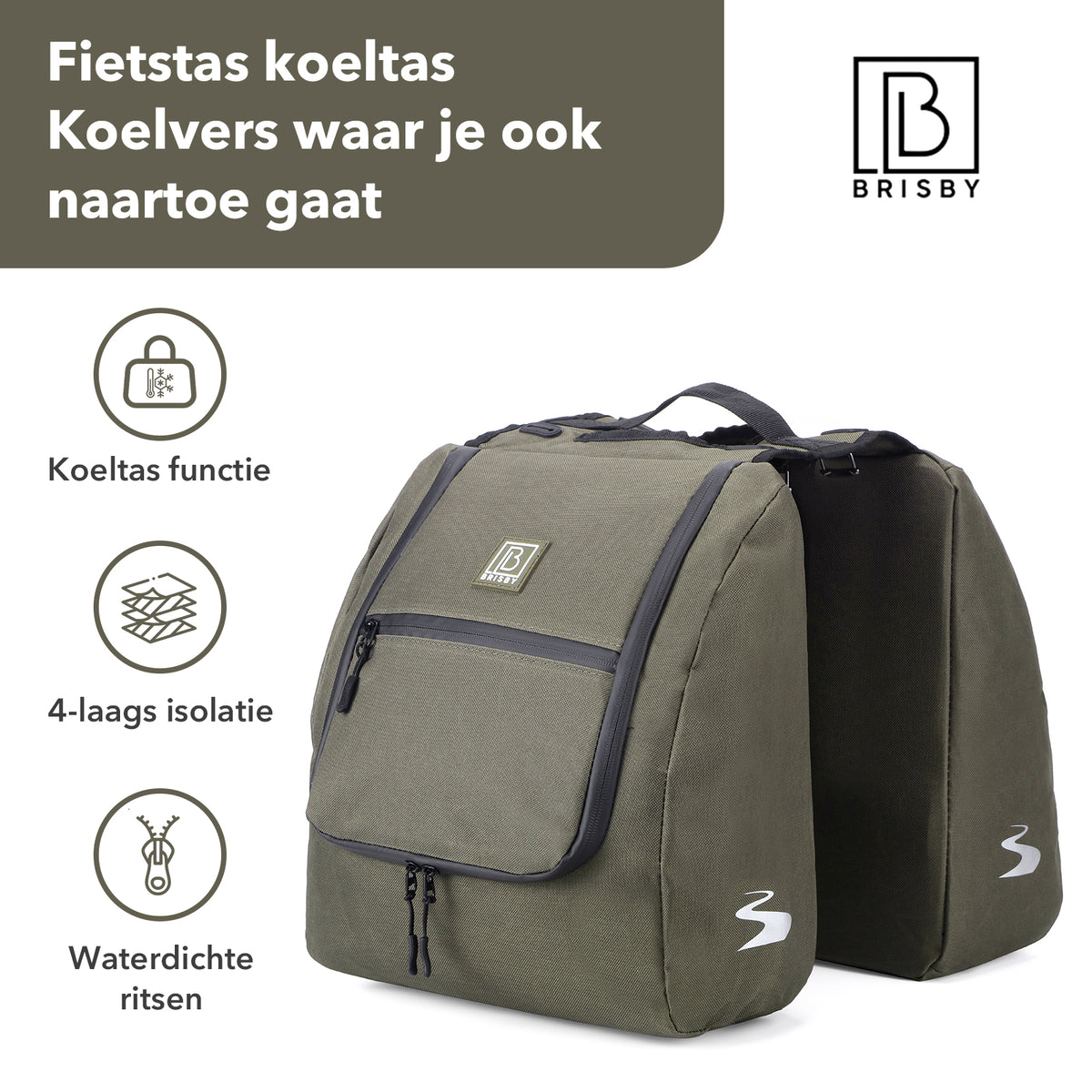 Brisby Dubbele Fietstas 28 Liter – Koeltas en Lunchtas – 4-laags Geïsoleerd – Voor Gewone en Elektrische Fiets – Waterafstotend met Waterdichte Ritsen – Misty Green