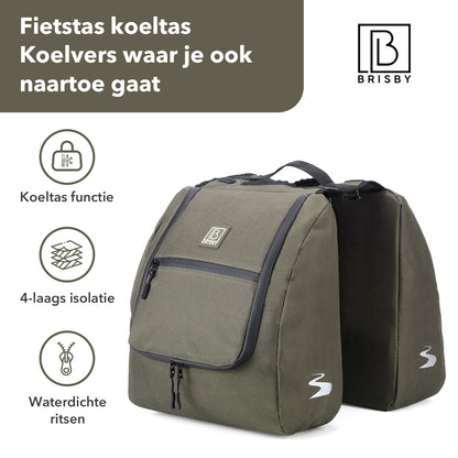 Brisby Dubbele Fietstas 34 Liter – Voor Gewone en Elektrische Fiets – Waterafstotend Polyester – Met Trekkoord, Gespsluiting en Reflectie – Groen