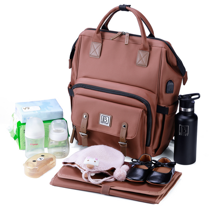 Stayopen luiertas roodbruin - Verzorgingstas - stay-open frame - USB oplaadfunctie - incl. buggymontage en verschoonmat