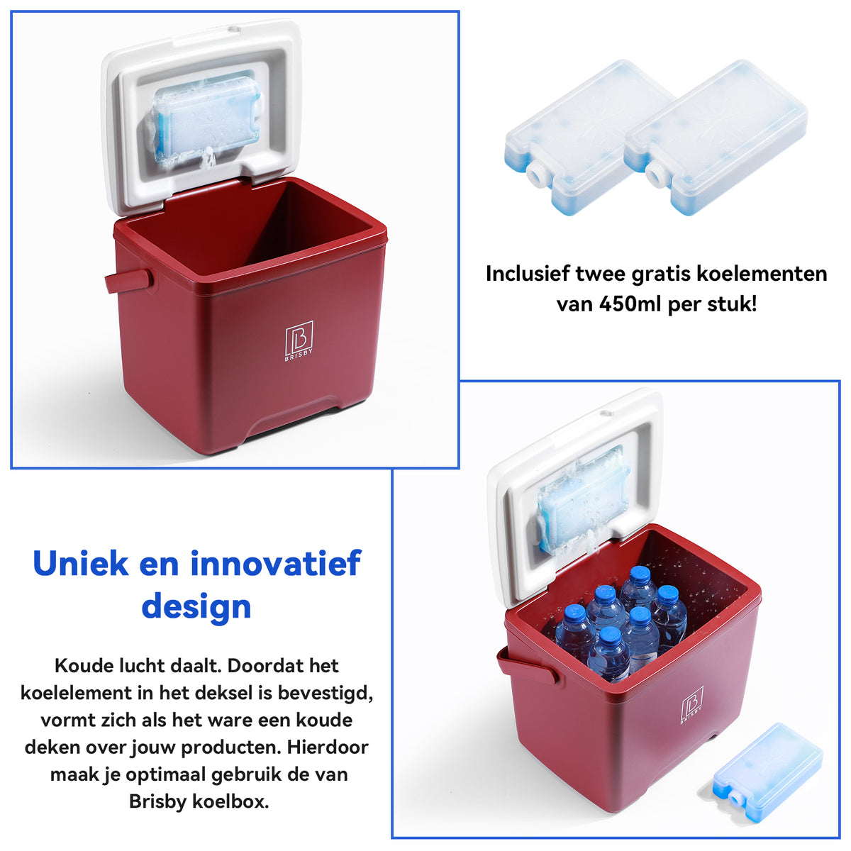 Brisby Koelbox - Frigobox - 13L- Rood - Tot maximaal 40 uur isolatie - Incl. 2 dikke koelelementen van 450ml - Met koelelementen vergrendeld in deksel en Brisby 500ml Zwarte Dubbelwandige Thermosfles