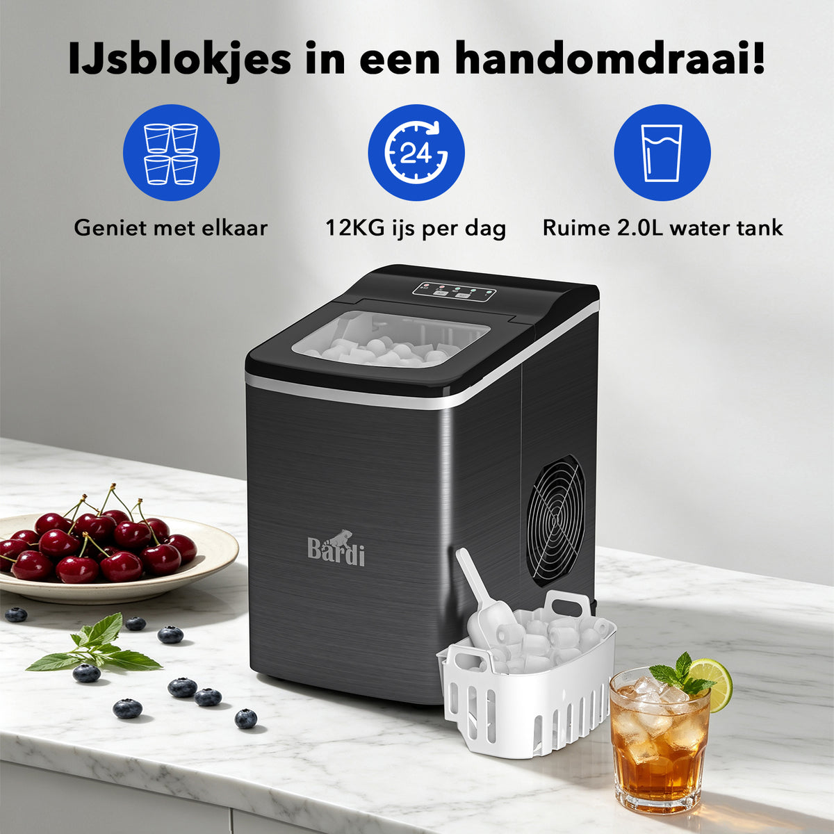 Bardi 2.0L Deluxe IJsblokjesmachine – IJsblokmaker Inclusief Luxe Thermosbeker en IJsschep – 9 Blokjes in 8 Minuten – GUNMETAL RVS