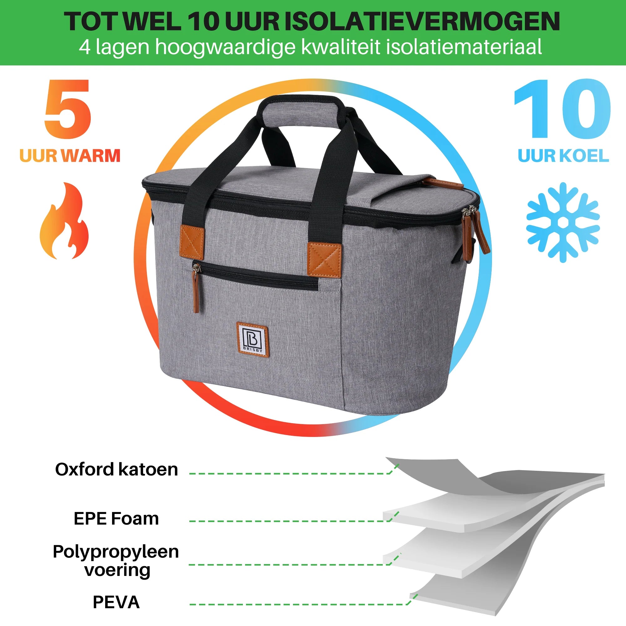 Koeltas 21L grijs - GRATIS mealbox - boodschappentas - 4-laags geïsoleerd - incl. 2 gratis koelelementen en schouderband