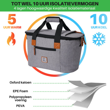 Koeltas 21L grijs - GRATIS mealbox - boodschappentas - 4-laags geïsoleerd - incl. 2 gratis koelelementen en schouderband