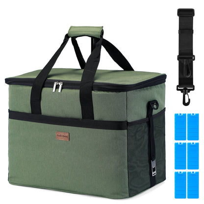 Koeltas 40L met divider groen - lunchtas - opvouwbaar - 4-laags geïsoleerd - incl. 6 gratis koelelementen en draagband