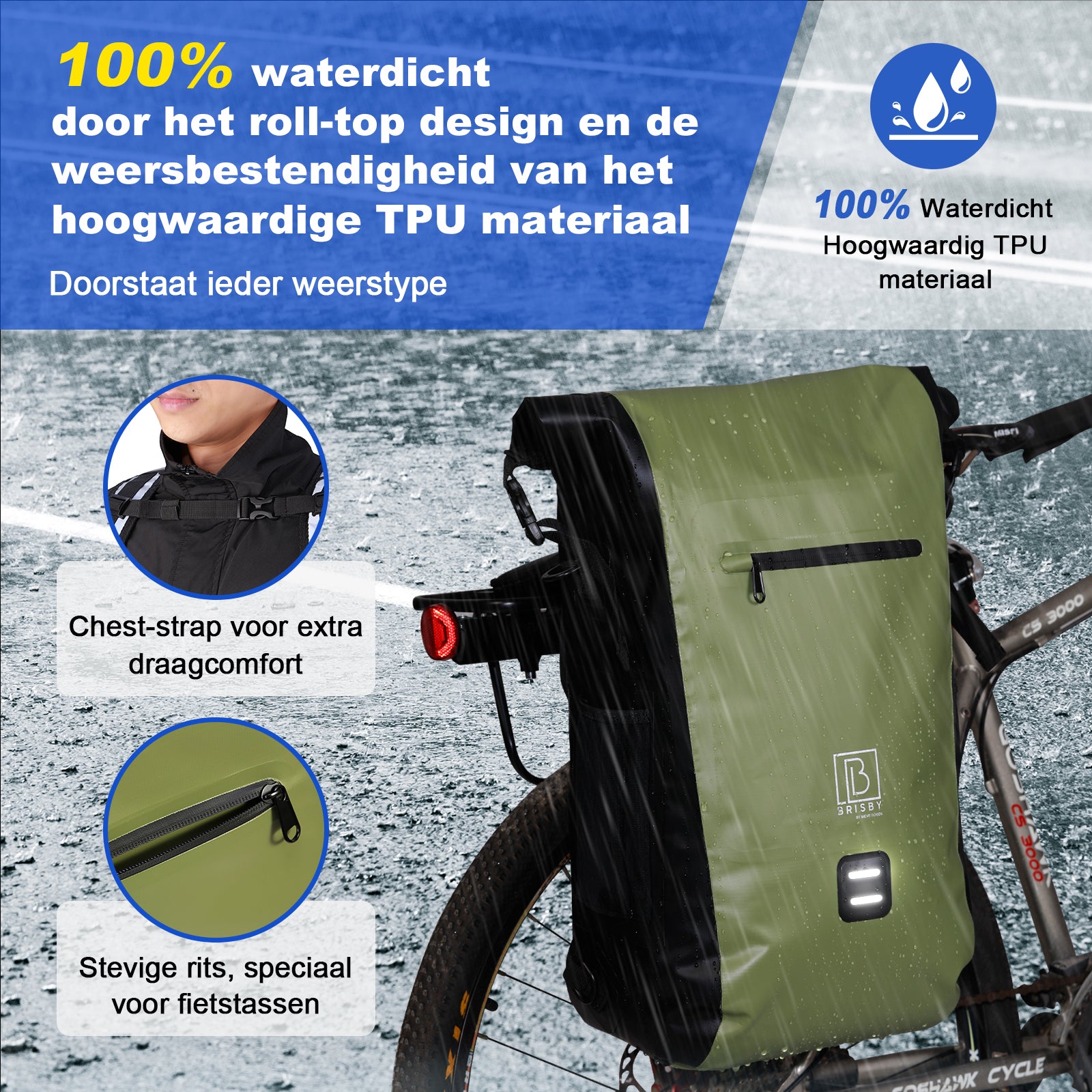 3 in 1 waterdichte rolltop fietstas 20-26L Groen - reflecterend - hoge zichtbaarheid - fietstas - rugtas - schoudertas