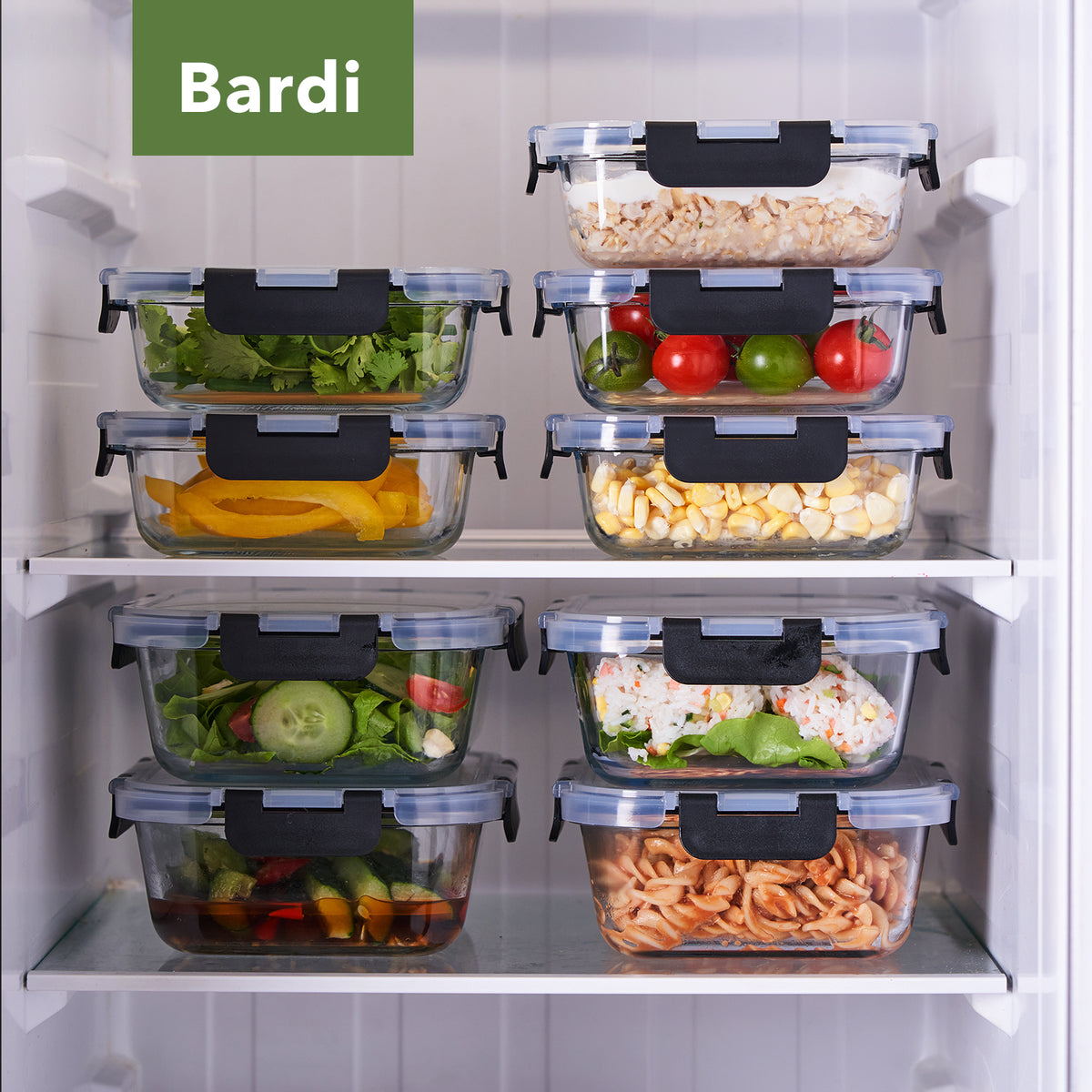 Bardi 5-delige set glazen vershoudbakjes 1060ml - oven- magnetron- en vriezerbestendig, incl. 10 wondersponsen