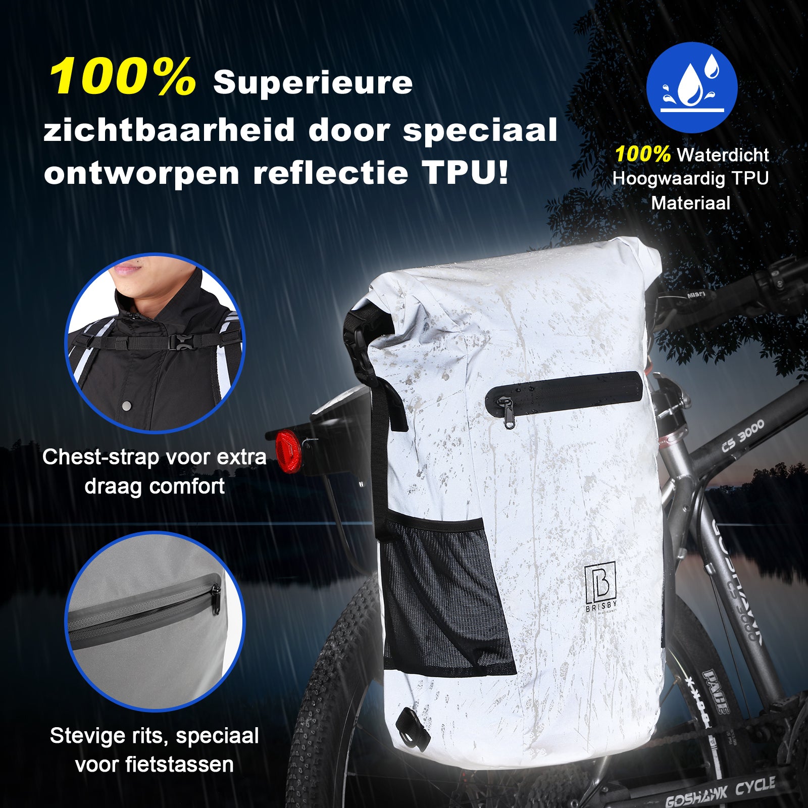 3 in 1 waterdichte rolltop fietstas 20-26L grijs - 100% reflectie - hoge zichtbaarheid - fietstas - rugtas - schoudertas