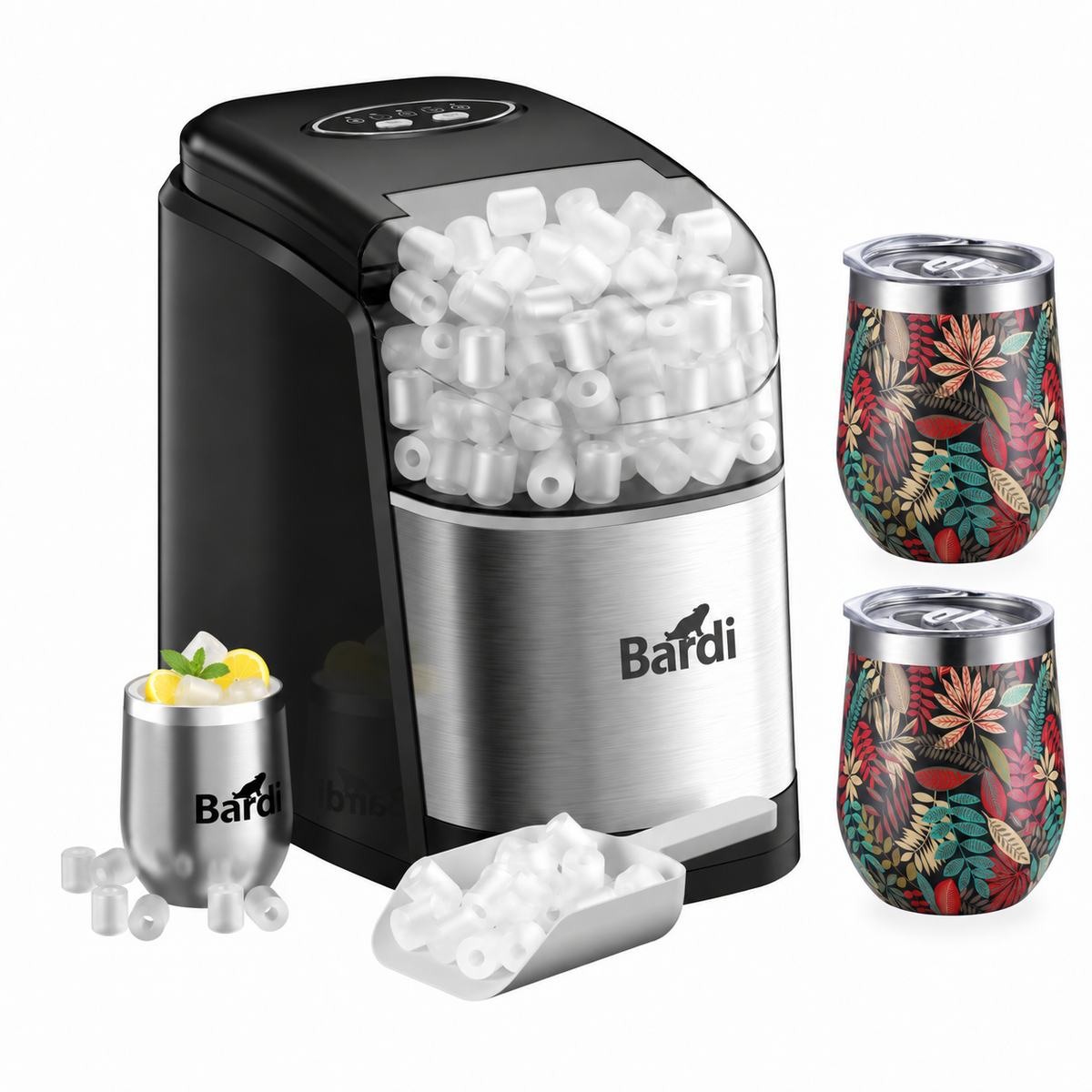 Bardi IJsblokjesmachine set 1,6L RVS - incl. 3 thermoscups jungle en ijsschep