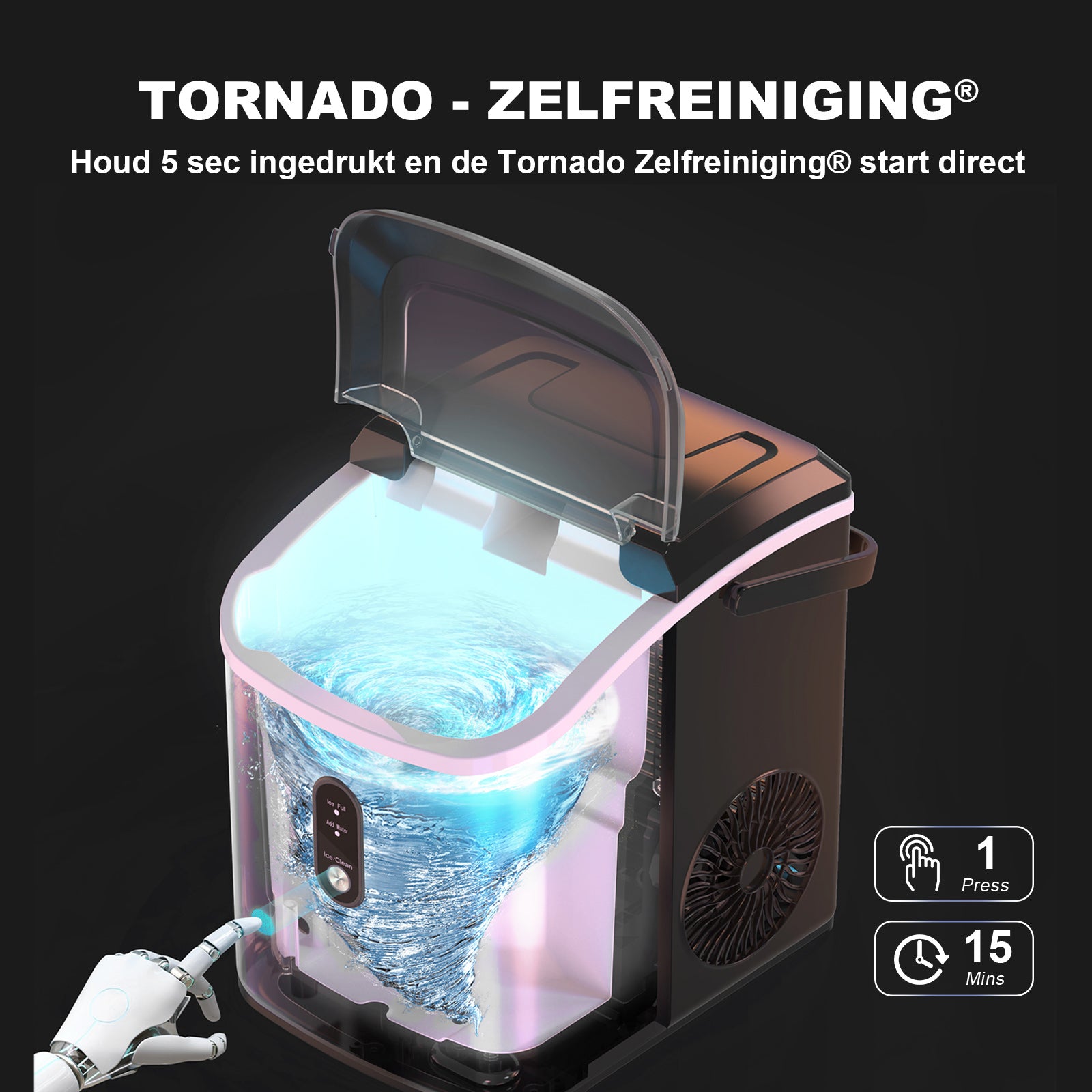 Bardi 1.1L - Nugget IJsblokjesmachine Rond - Crushed Ice Maker met IJsschep - 15kg/24 uur - Ijsblokjesmaker - Met Luxe Thermosbeker - Zwart - Citruspers Zwart