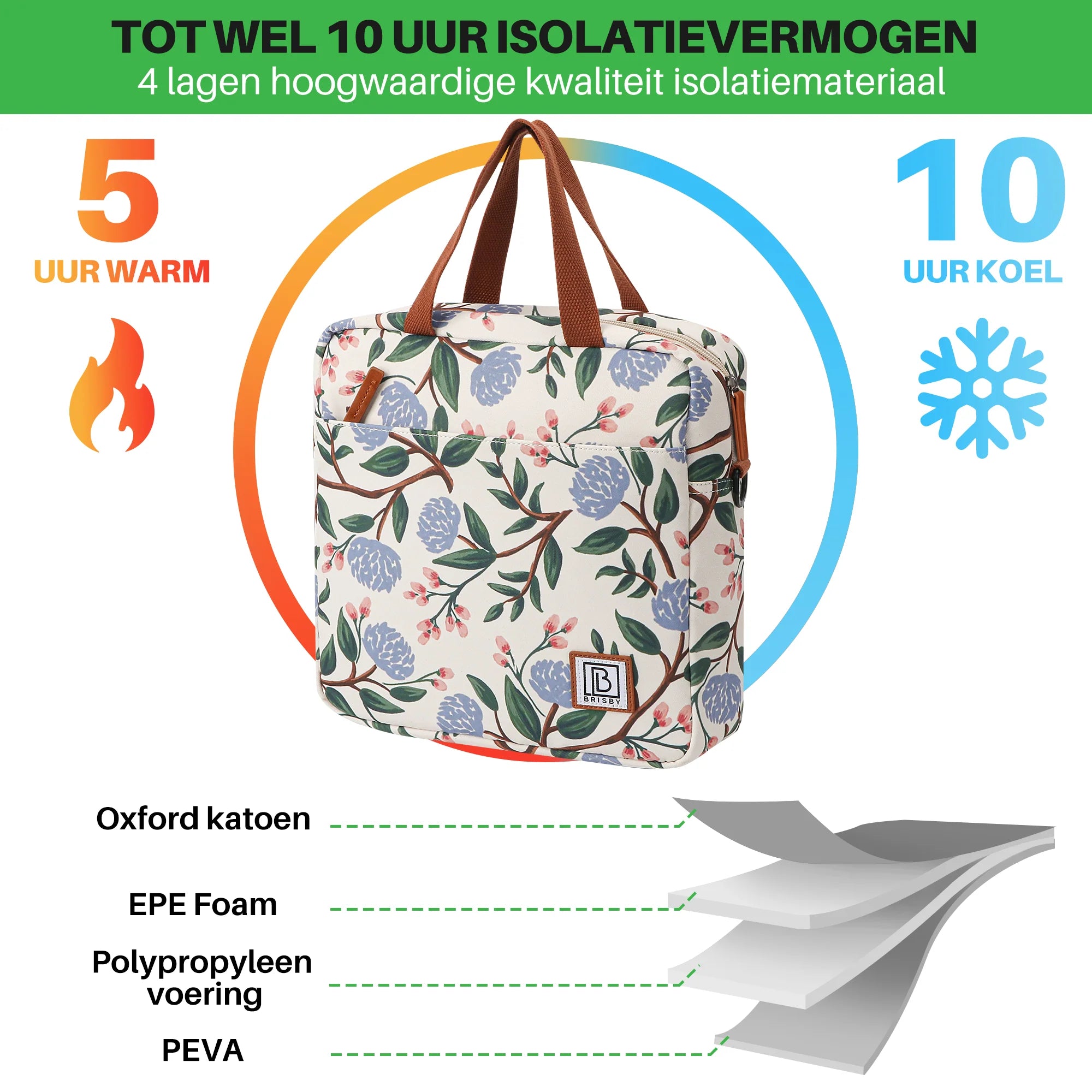 Koeltas 7L zwarte bloemen - Lunchtas - 4-laags geïsoleerd - 2 gratis koelelementen - incl. schouderband