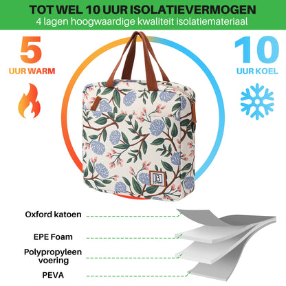 Koeltas 7L bloemetjes wit - Lunchtas - 4-laags geïsoleerd - 2 gratis koelelementen - incl. schouderband