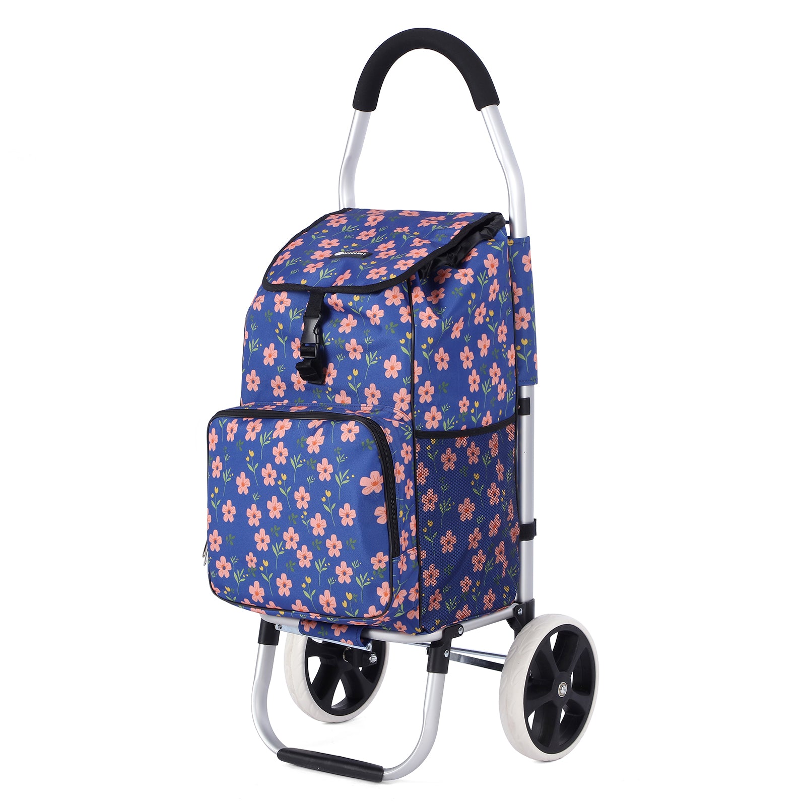 Packaway Boodschappentrolley 45L met Koelvak - Boodschappenwagen met Grote Wielen - Steekwagenfunctie - Waterafstotend - Blue Blossom