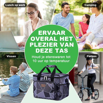 Koeltas 15L abstract grijs en zwart - lunchtas - 4-laags geïsoleerd - opvouwbaar - incl. 2 gratis koelelementen en draagband