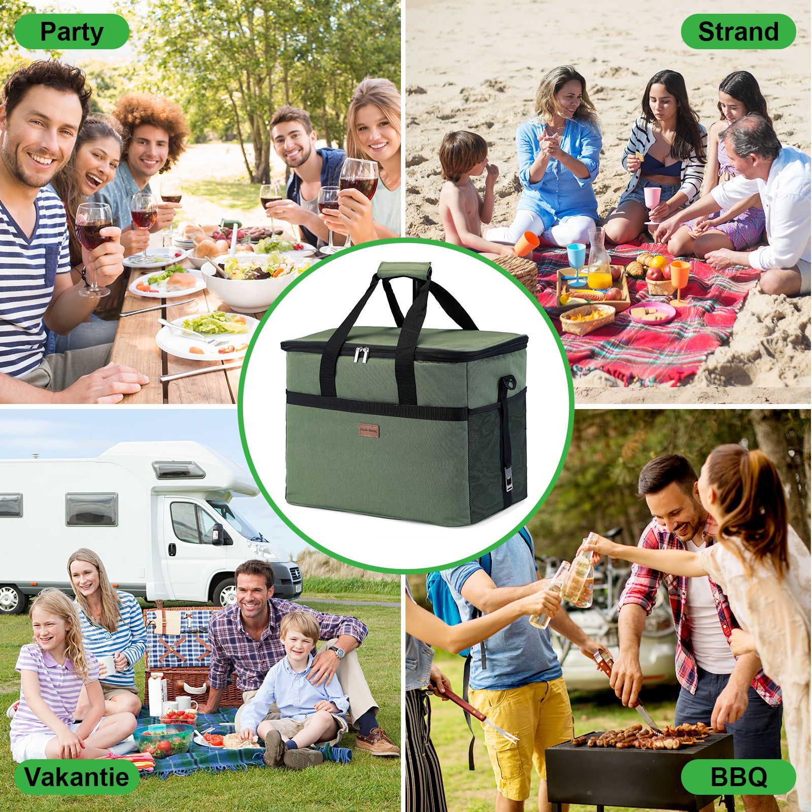 Koeltas 40L met divider groen - lunchtas - opvouwbaar - 4-laags geïsoleerd - incl. 6 gratis koelelementen en draagband