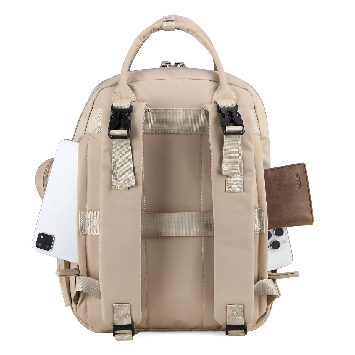 Brisby Premium Luiertas – Uitgebreide en Functionele Verzorgingstas – met buggymontage – Anti Diefstal Vakken - Reistrolley Sleeve - Inclusief verschoonmatje t.w.v.15,99 euro en speenhouder - Levenslange Garantie - Natural Champagne