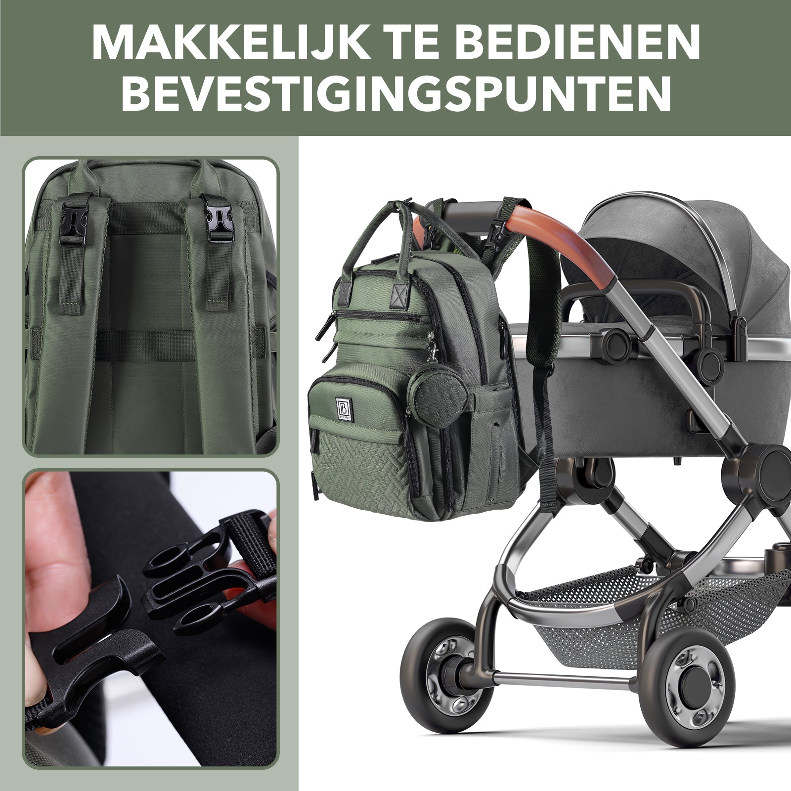 Premium luiertas groen - uitgebreide en functionele verzorgingstas - met buggymontage - anti diefstal vakken - reistrolley sleeve - incl. verschoonmatje en speenhouder - levenslange garantie