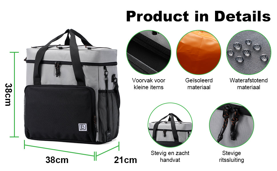 Koeltas 30L zwart-grijs-oranje - Lunchtas - 4 laags geïsoleerd - incl. 4 koelelementen