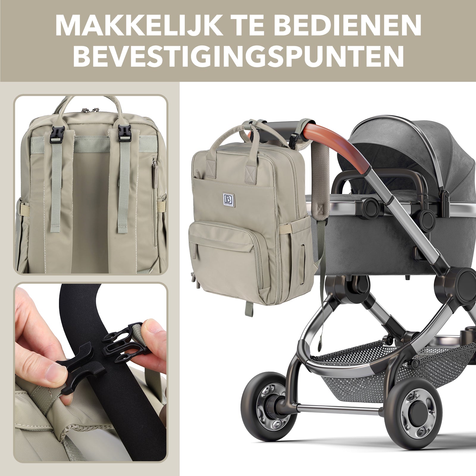 Brisby slijtvaste Luiertas – verzorgingstas – met buggymontage - Mist Green
