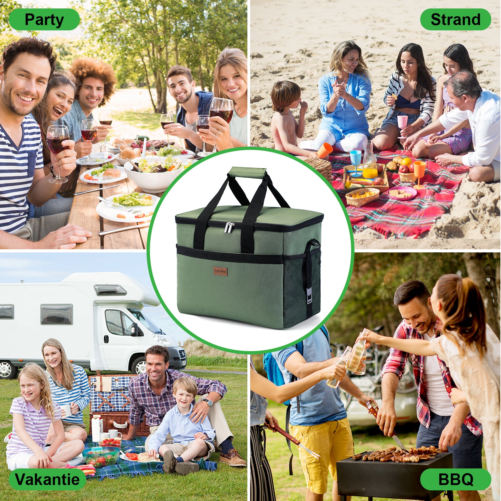 Koeltas 30L groen - lunchtas - opvouwbaar - 4-laags geïsoleerd - incl. 4 gratis koelelementen en draagband