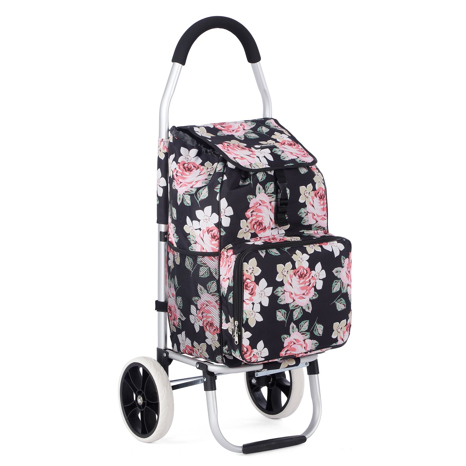 Packaway Boodschappentrolley 45L met Koelvak - Boodschappenwagen met Grote Wielen - Steekwagenfunctie - Waterafstotend - Black Flower