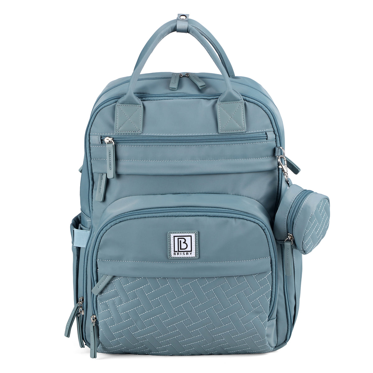 Brisby Premium Luiertas – Uitgebreide en Functionele Verzorgingstas – met buggymontage – Anti Diefstal Vakken - Reistrolley Sleeve - Inclusief verschoonmatje t.w.v.15,99 euro en speenhouder - Levenslange Garantie - Misty Blue