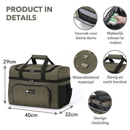 Packaway Koeltas 30L - Lunchtas - Inclusief 4 Koelelementen - Dubbel Compartiment - 4-Laags Geïsoleerd - Waterafstotend - Olive Green