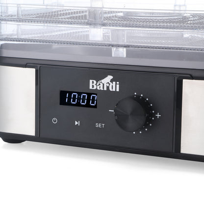 Bardi Voedseldroger 5-laags 350W RVS - 24-uurs timer - led-bedieningspaneel - incl. 5 inlegvellen en voedseltang