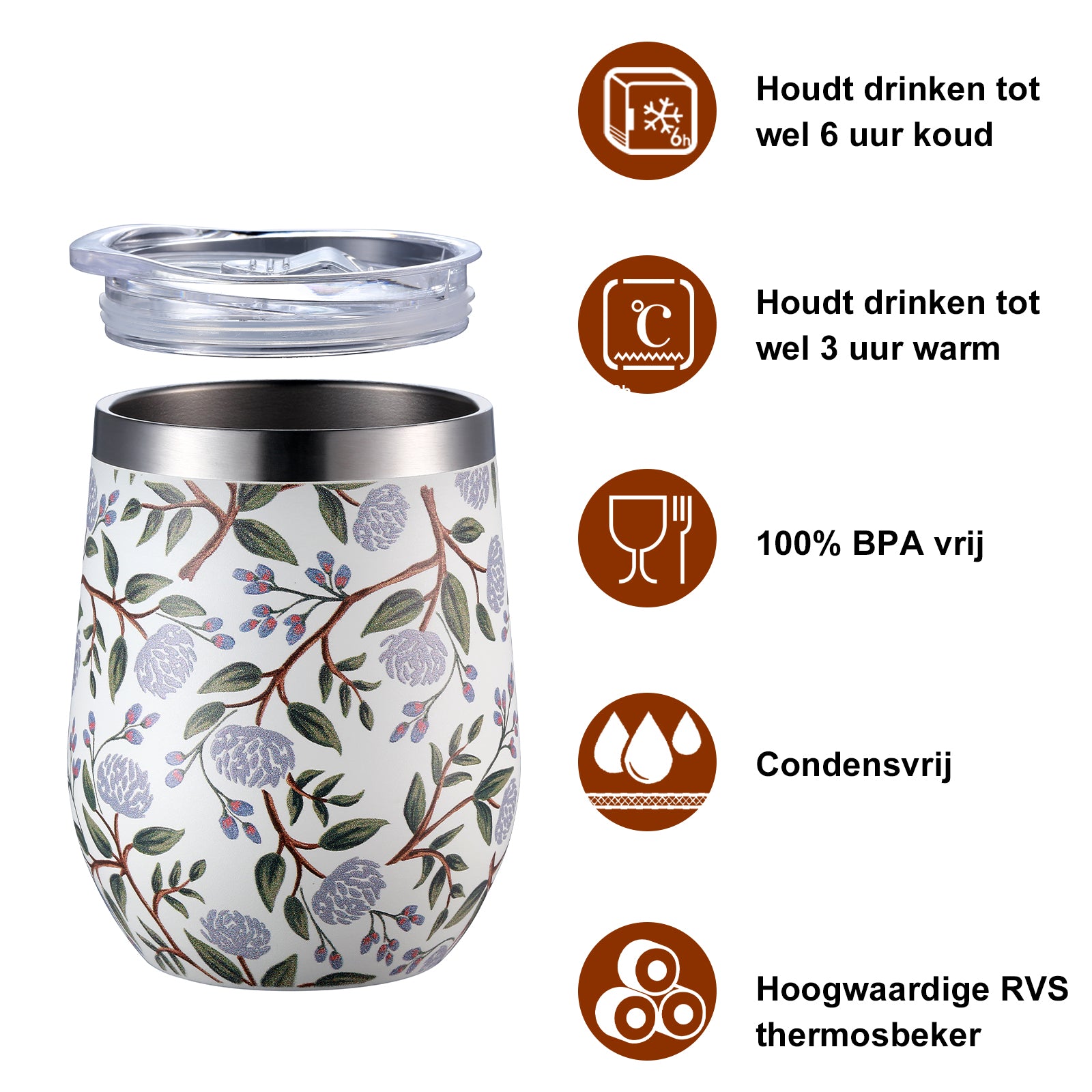 Thermosbeker set white flower - 2 bekers met lekvrije deksels - dubbelwandig - 360ml