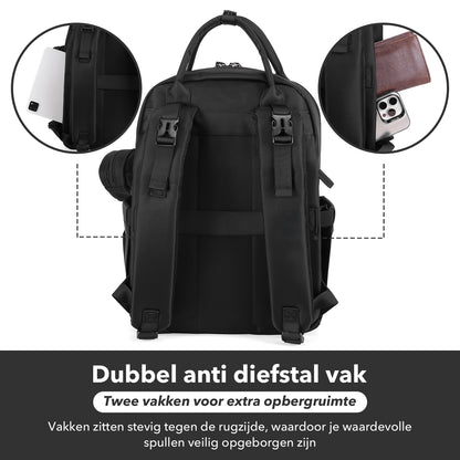 Premium luiertas zwart - uitgebreide en functionele verzorgingstas - met buggymontage - anti diefstal vakken - reistrolley sleeve - incl. verschoonmatje en speenhouder - levenslange garantie