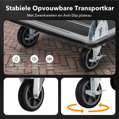 Packaway Opvouwbare Transportwagen 350 kg – Transportkar met Rem – 92 x 62 cm – Antislip Laadplatform – 4 Wielen – Inklapbare Duwbeugel