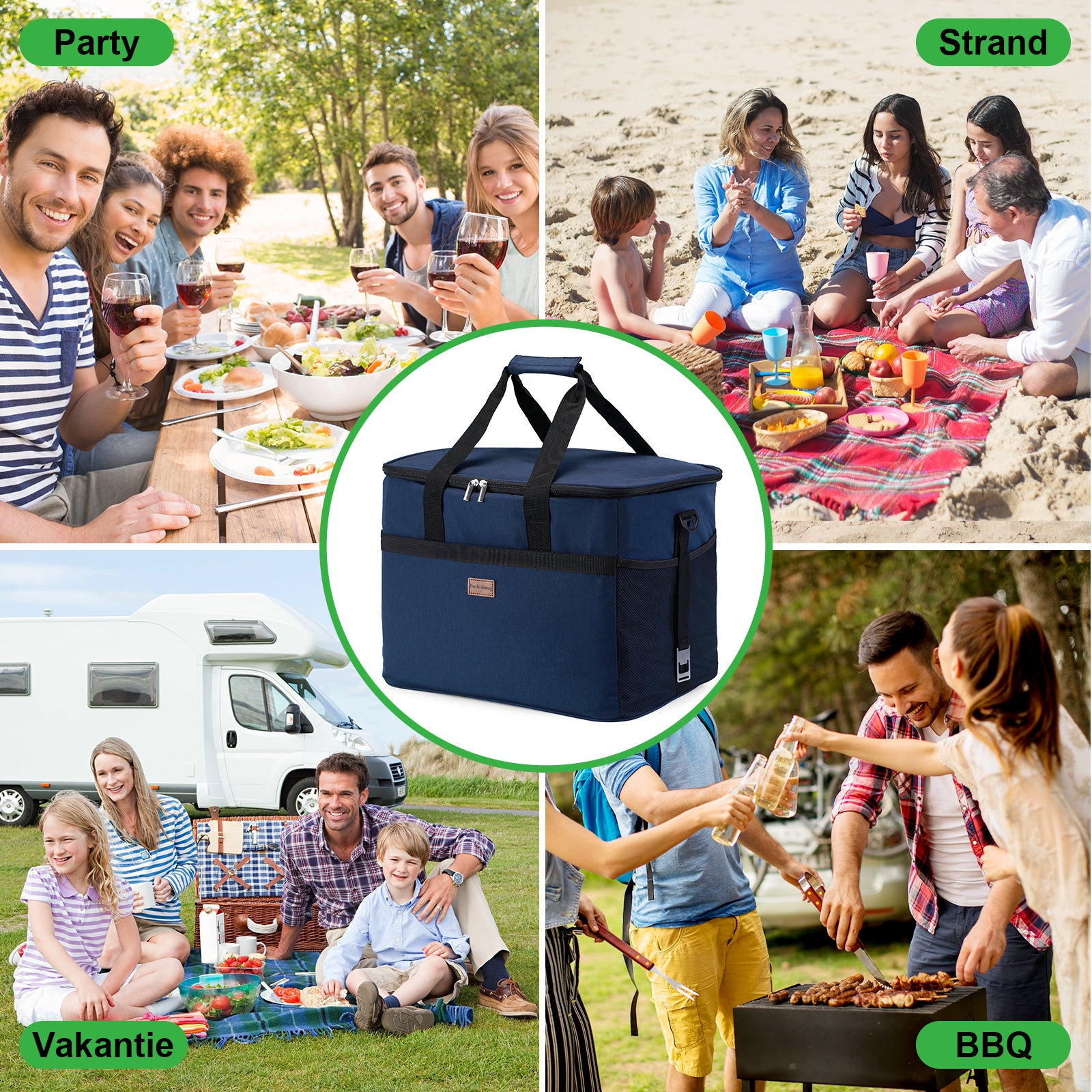 Koeltas 40L donkerblauw - lunchtas - opvouwbaar - 4-laags geïsoleerd - incl. 6 gratis koelelementen en draagband