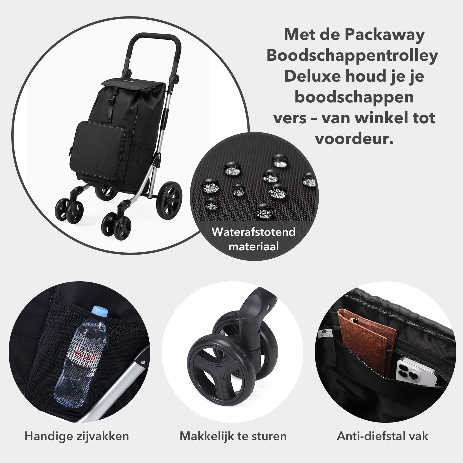Boodschappentrolley deluxe 60L zwart - koelvak - boodschappenwagen - steekwagenfunctie - verstelbaar handvat