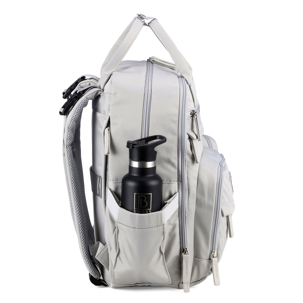 Brisby Premium Luiertas – Uitgebreide en Functionele Verzorgingstas – met buggymontage – Anti Diefstal Vakken - Reistrolley Sleeve - Inclusief verschoonmatje t.w.v.15,99 euro en speenhouder - Levenslange Garantie -Modern Grey