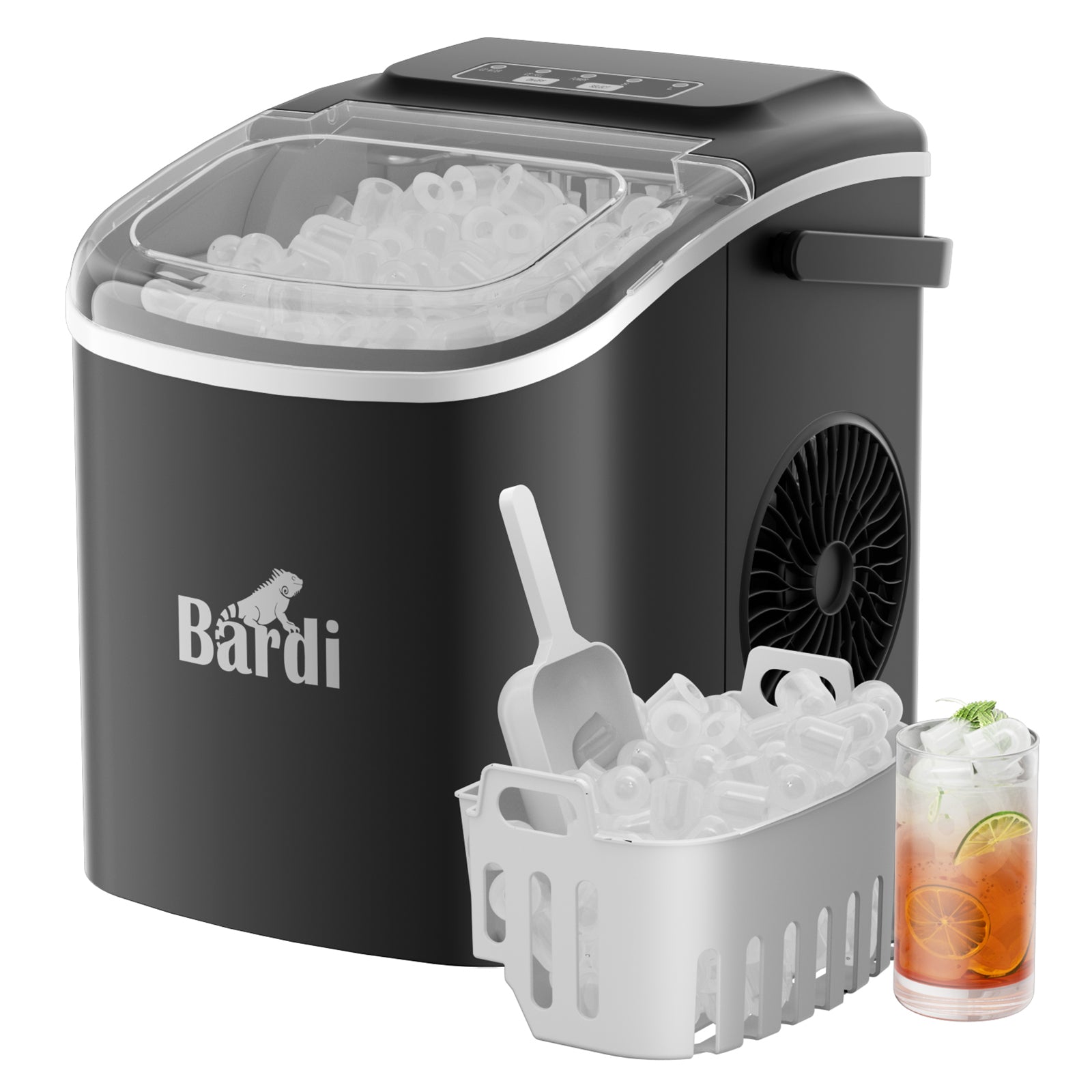 Bardi Deluxe Ice Cube Machine 1.2L black - Self-cleaning function - ice cube maker with ice scoop - Incl. luxury thermos cup and ice scoop