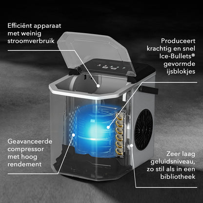 Bardi 1.3L Deluxe IJsblokjesmachine Square – IJsblokmaker Inclusief Luxe Thermosbeker en IJsschep – 9 Blokjes in 8 Minuten – GUNMETAL RVS