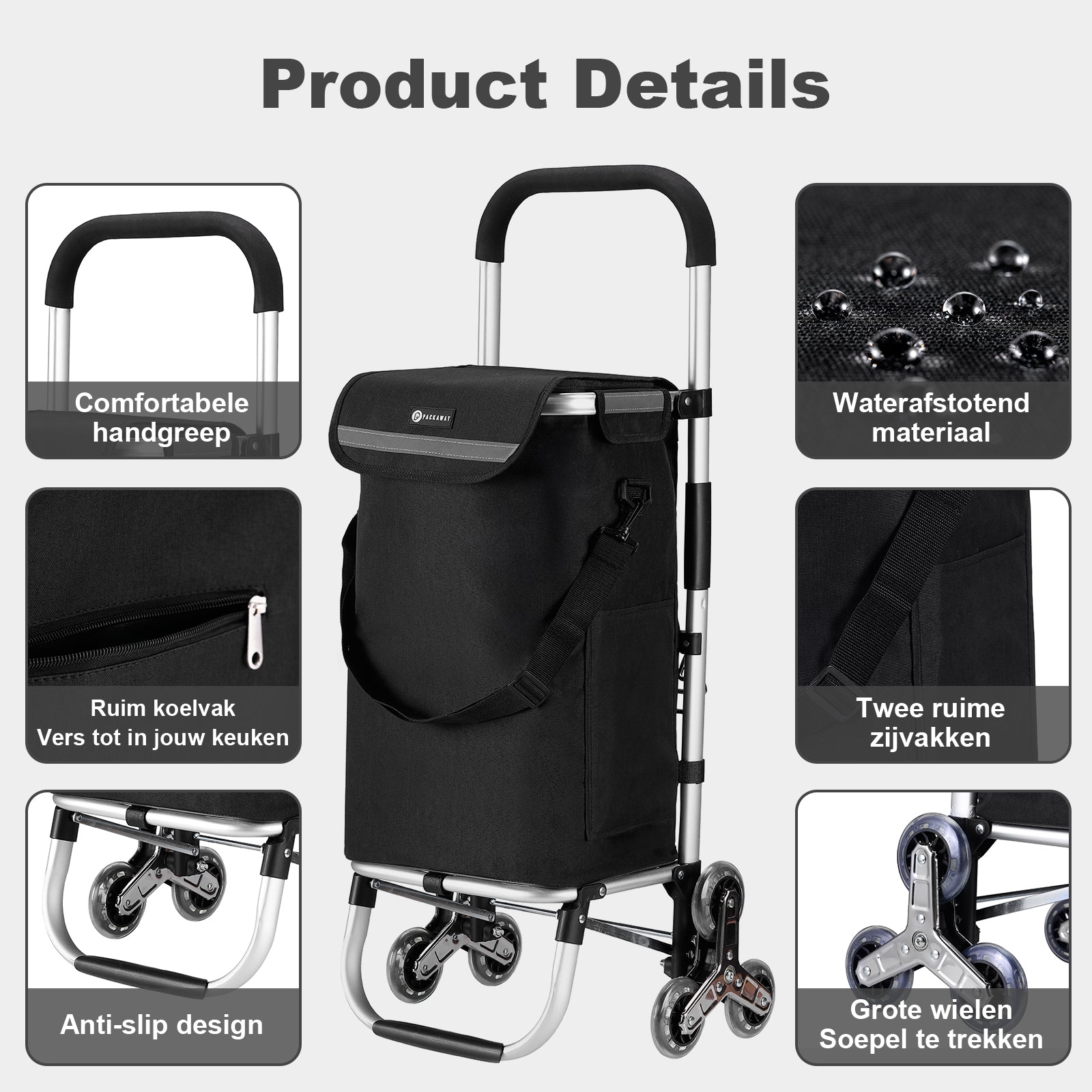 Packaway Boodschappentrolley 40L zwart - incl. trapwielen - steekwagenfunctie