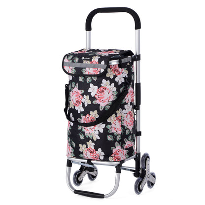 Packaway Boodschappentrolley met Trapwielen 40 Liter - Opvouwbare Boodschappenwagen met ruim Koelvak - Black Flower