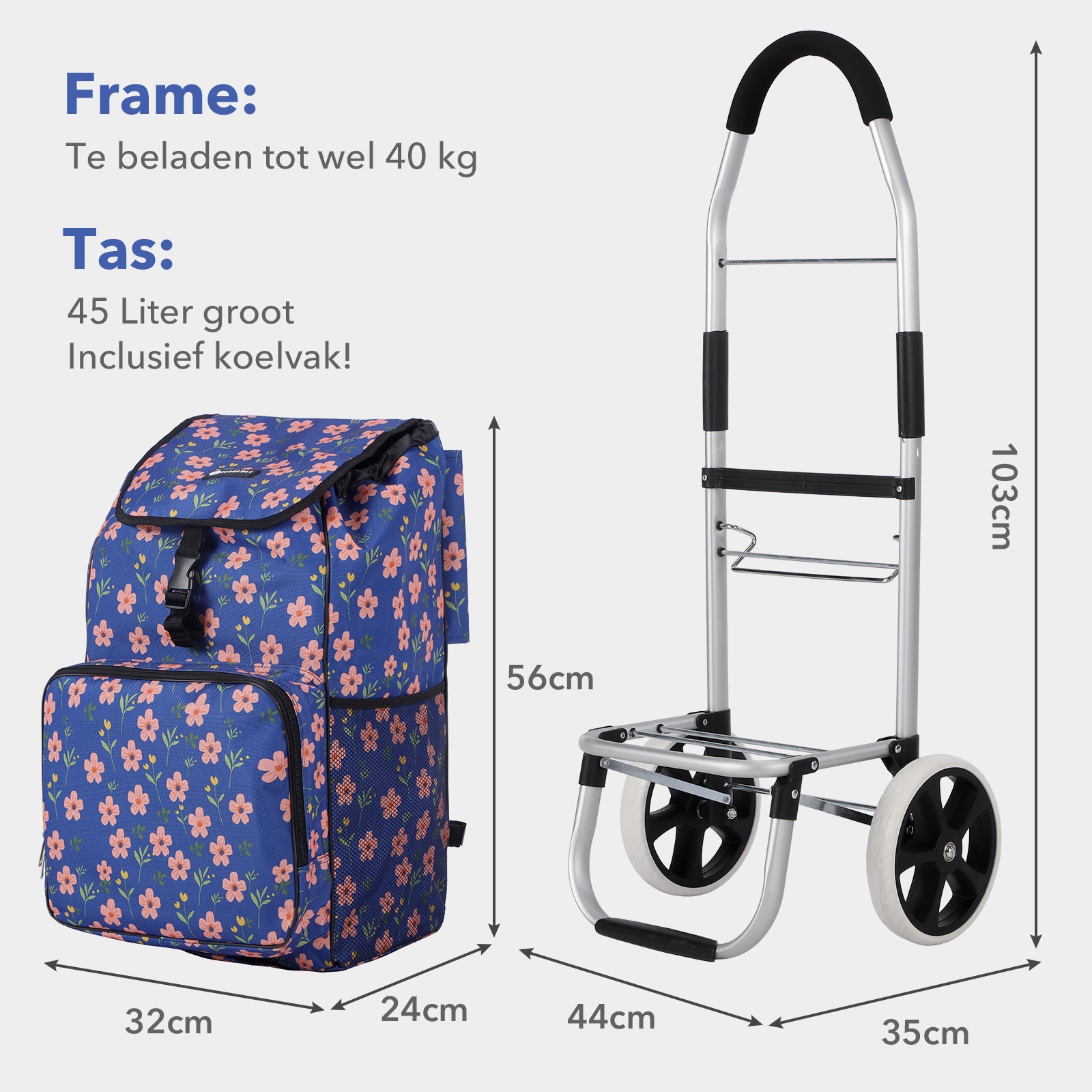 Packaway Boodschappentrolley 45L met Koelvak - Boodschappenwagen met Grote Wielen - Steekwagenfunctie - Waterafstotend - Blue Blossom