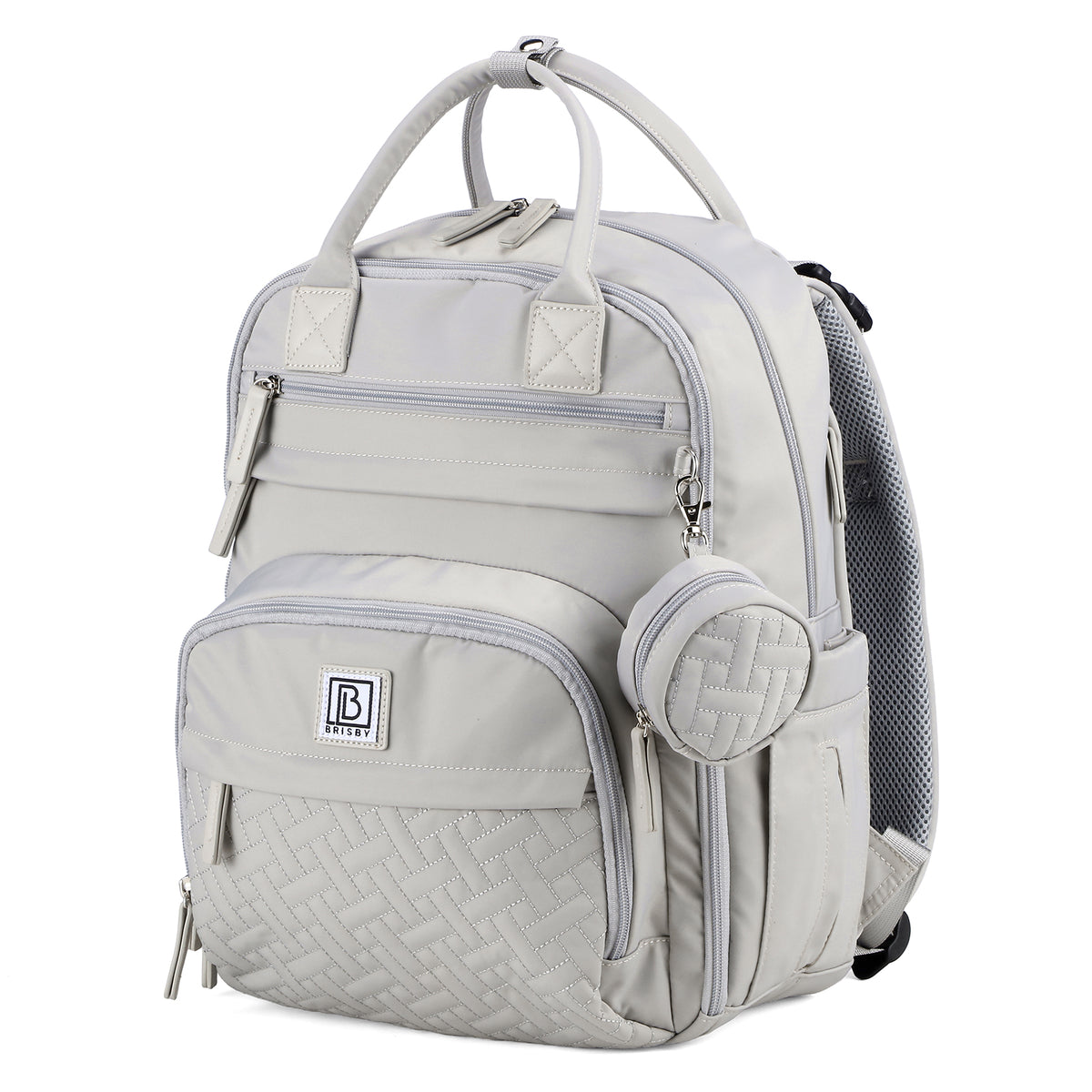 Brisby Premium Luiertas – Uitgebreide en Functionele Verzorgingstas – met buggymontage – Anti Diefstal Vakken - Reistrolley Sleeve - Inclusief verschoonmatje t.w.v.15,99 euro en speenhouder - Levenslange Garantie -Modern Grey