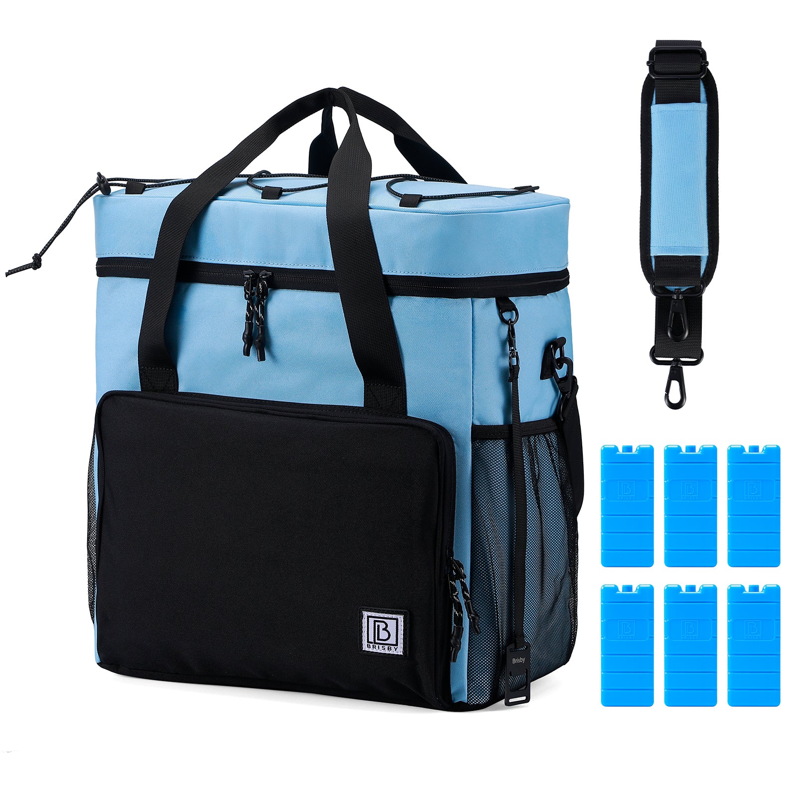 Koeltas 40L zwart/blauw - Lunchtas - 4-laags geïsoleerd - 6 gratis koelelementen - incl. schouderband