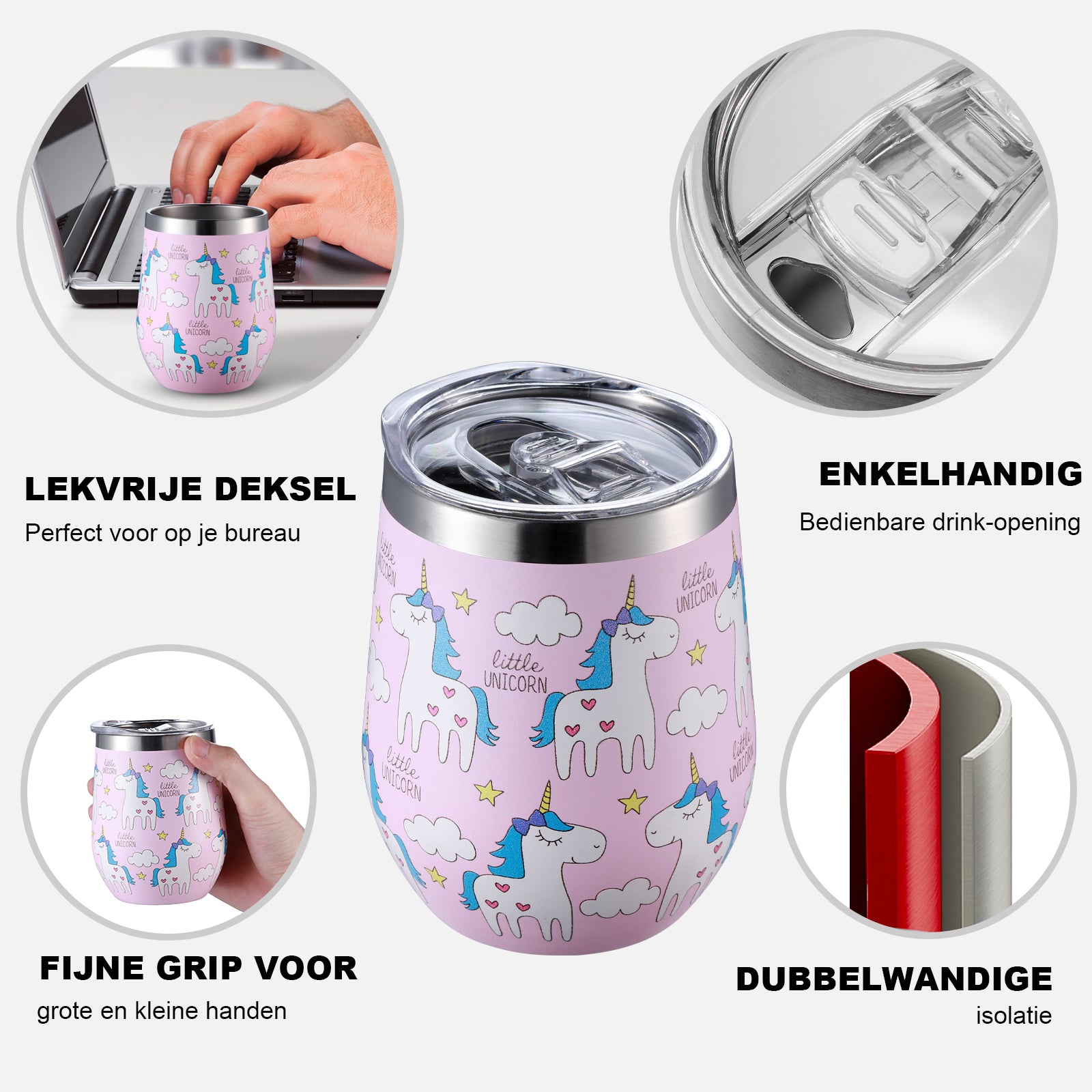 Set RVS thermosbekers unicorn - 0,3L - met deksels - dubbelwandig