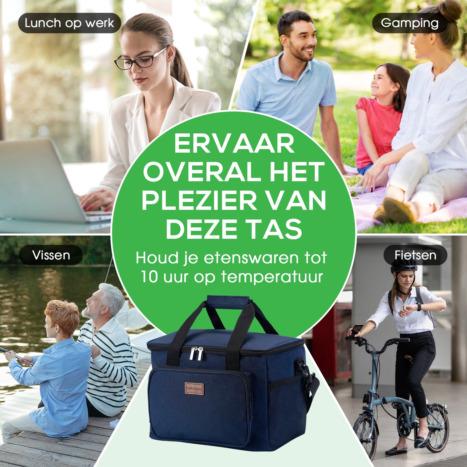 Koeltas 15L donkerblauw - lunchtas - 4-laags geïsoleerd - opvouwbaar - incl. 2 gratis koelelementen en draagband