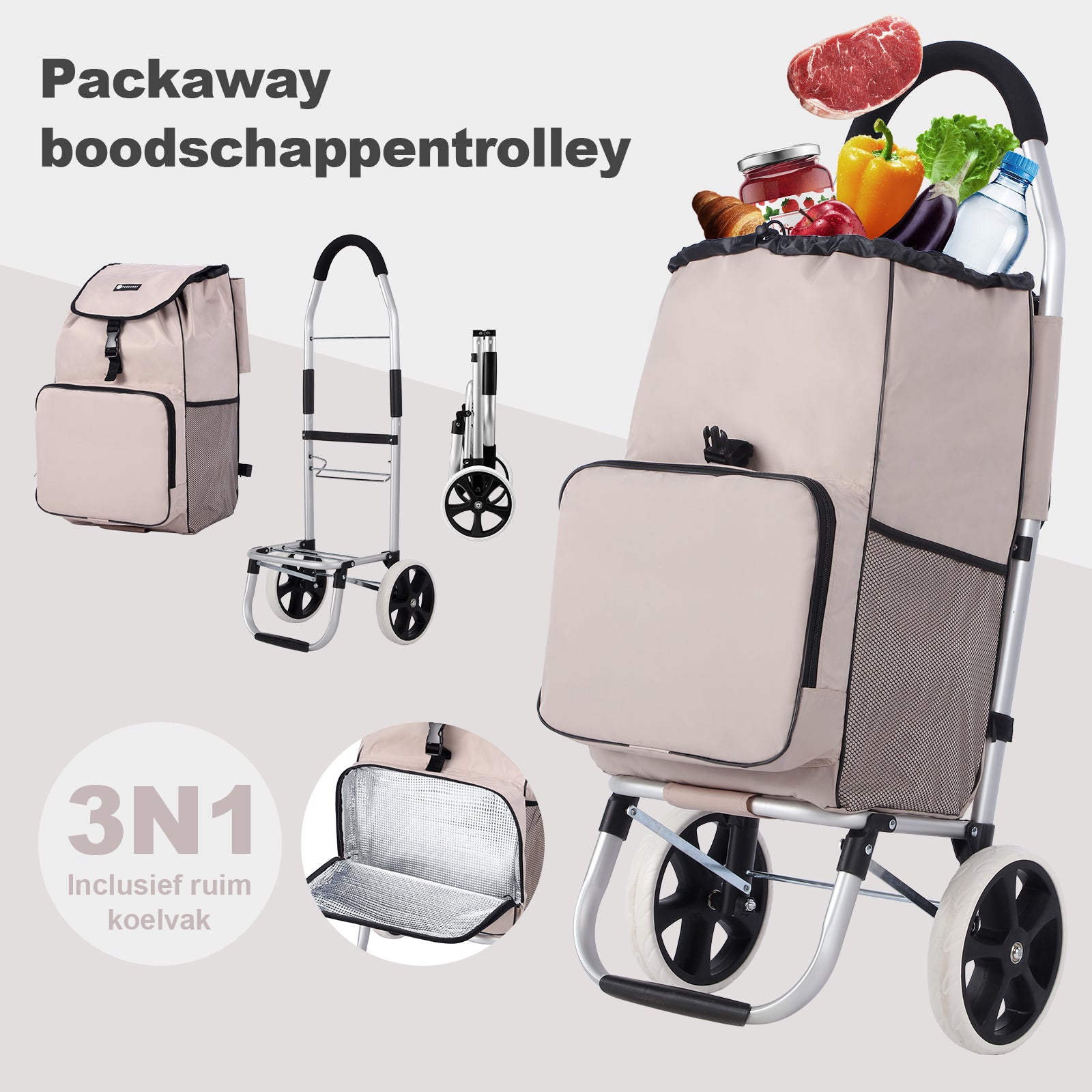 Packaway Boodschappentrolley met koelvak - 45L - boodschappenwagen - steekwagen functie - Champagne