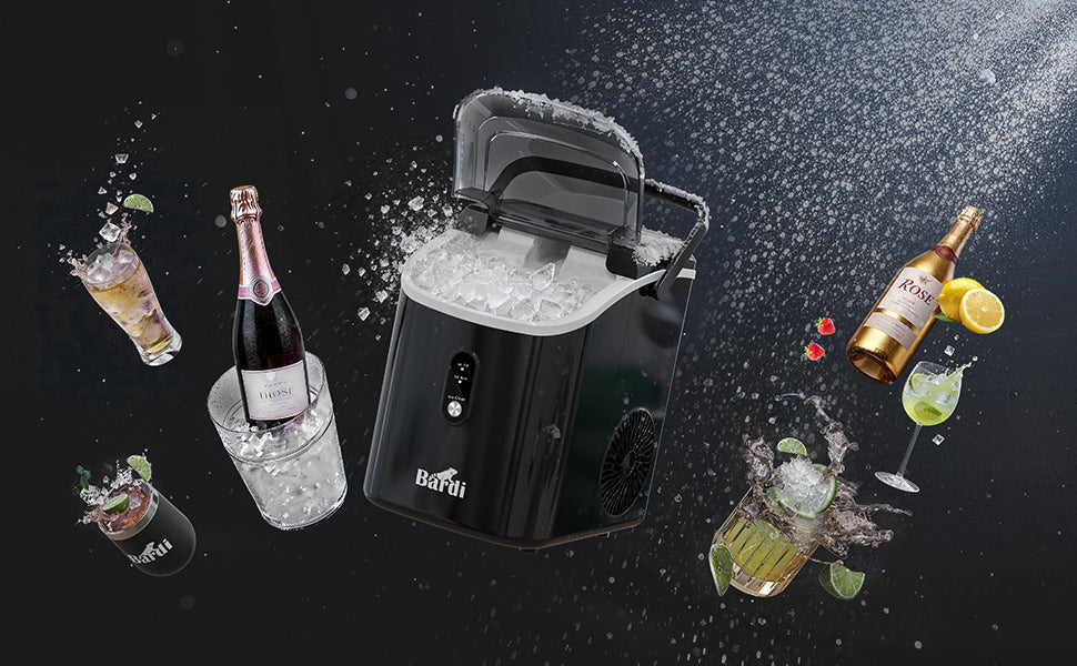 Bardi 1.1L - Nugget IJsblokjesmachine Rond - Crushed Ice Maker met IJsschep - 15kg/24 uur - Ijsblokjesmaker - Met Luxe Thermosbeker - Zwart - Citruspers Zwart