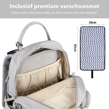 Brisby Premium Luiertas – Uitgebreide en Functionele Verzorgingstas – met buggymontage – Anti Diefstal Vakken - Reistrolley Sleeve - Inclusief verschoonmatje t.w.v.15,99 euro en speenhouder - Levenslange Garantie -Modern Grey