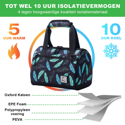 Koeltas 10L black feathers -  Lunchtas - 4-laags geïsoleerd - 2 gratis koelelementen - incl. schouderband