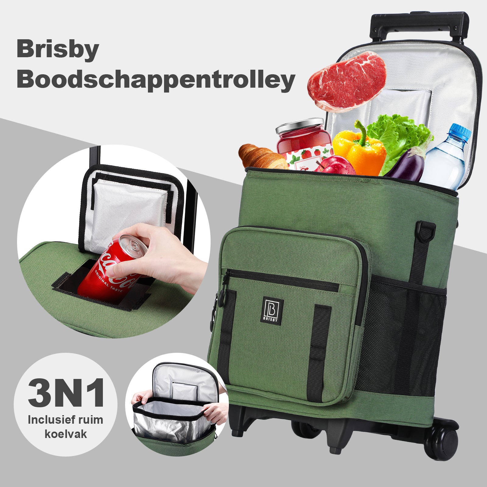 Brisby Boodschappentrolley met Koelvak – 32L Ruimte – Ideaal voor Boodschappen – Inclusief Koelelementen – Waterafstotend – Verstelbaar Handvat – Groen